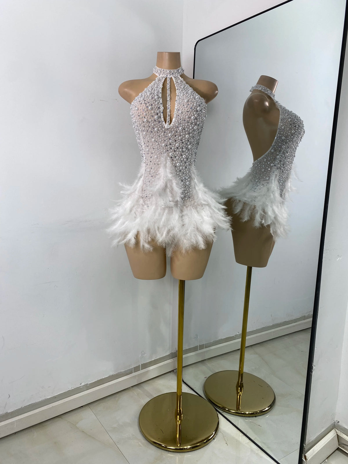 High Quality Women Sexy Halter Beading Feather Tight Bodysuit Nightclub Performance Leotard Luxury Party Celebrate Stage Wear - Matrix Studios
