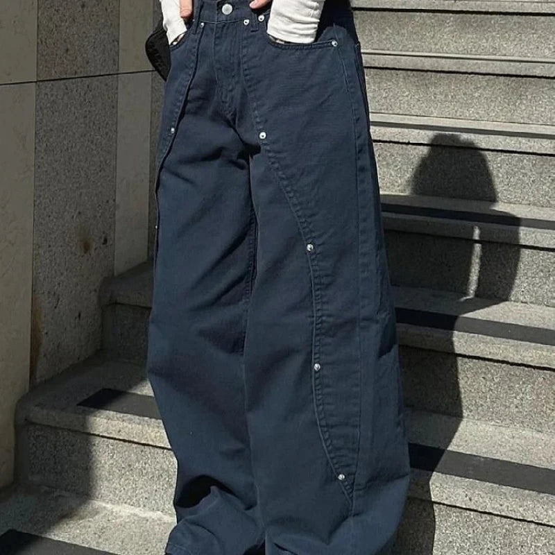 Jeans for Woman Y2k Clothes Relaxed Loose Fit Wide Leg Trousers Vintage American Retro Style with Rivet Patchwork Split Design - Matrix-studios.com