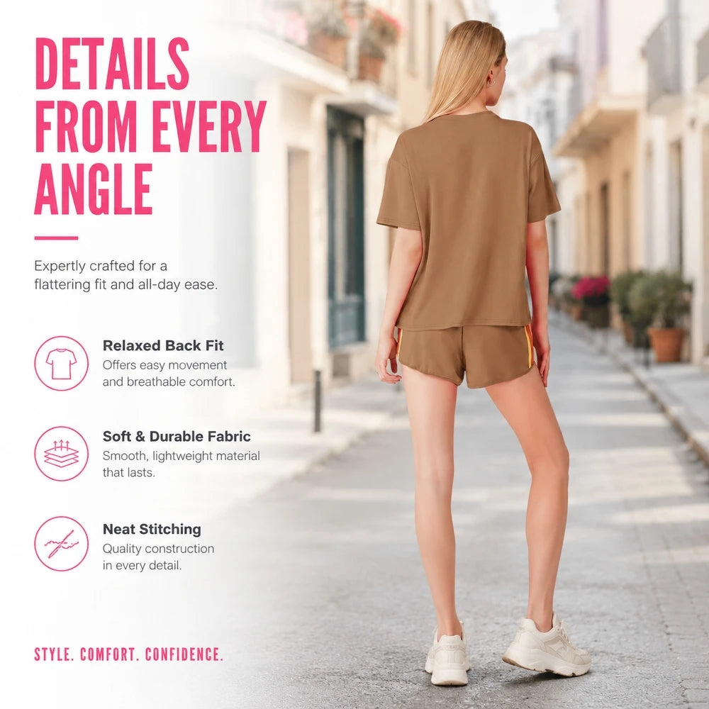 Women's Summer 2 Piece Outfits Short Sleeve Crew Neck T Shirt and Elastic Waist Shorts Set Retro Rainbow Striped Casual Beach Matching Set Relaxed Fit with Side Split for Vacation Travel Daily Spring Summer - Matrix-studios.com