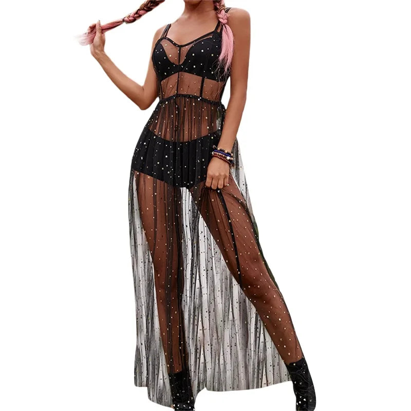 Summer Women Beach Cover Up Sleeveless Square Neck Holiday Sequined Split Smock Midi Beach Dress - Matrix Studios