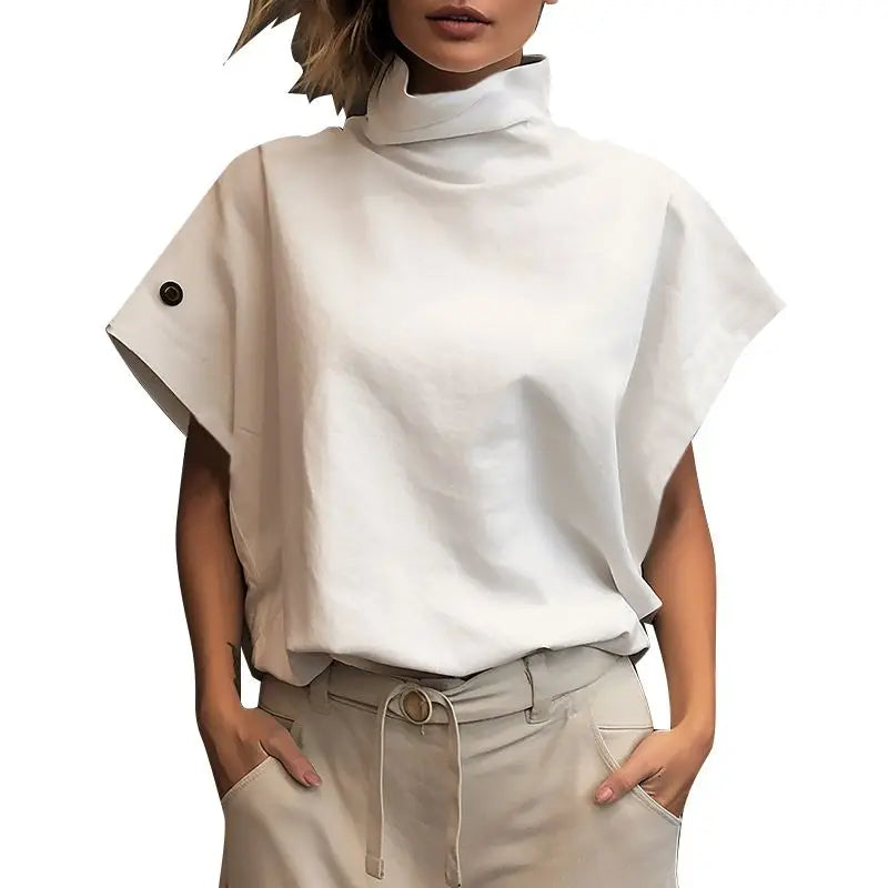Women Fashion OL Work Shirt 2024 ZANZEA Summer Elegant Turtleneck Short Sleeve Blouse Casual Loose Office Tops Party Blusas - Matrix-studios.com