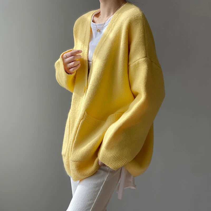 2024 Chic Yellow Sweater Cardigan Women Lazy Wind Single-Breasted Knitted Cardigan Women Solid V Neck Cardigans Female - Matrix Studios