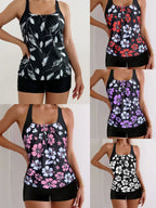 Printed Flower Tankini Set  Girl Swimwear Adjustable Strap Vest Bra Female Flower Shorts Bikini Drawstring Women Beach Set - Matrix-studios.com