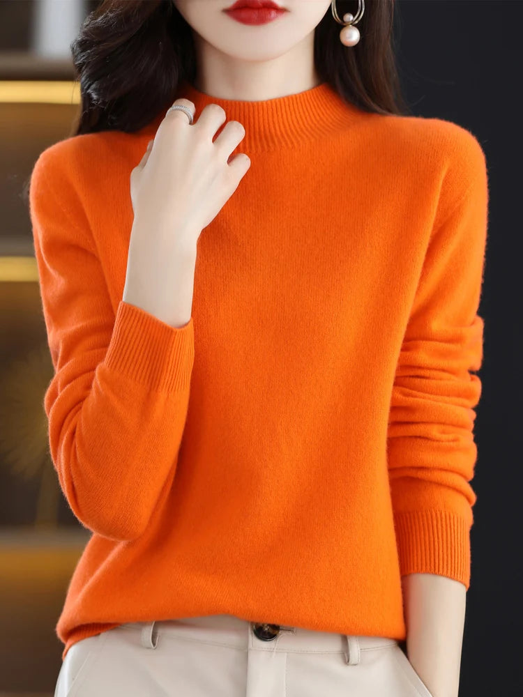 Fashion 100% Wool Sweater Women's Mock-Neck Knitwear Cashmere Pullovers Autumn Winter Long Sleeve Jumpers Clothing Tops - Matrix Studios