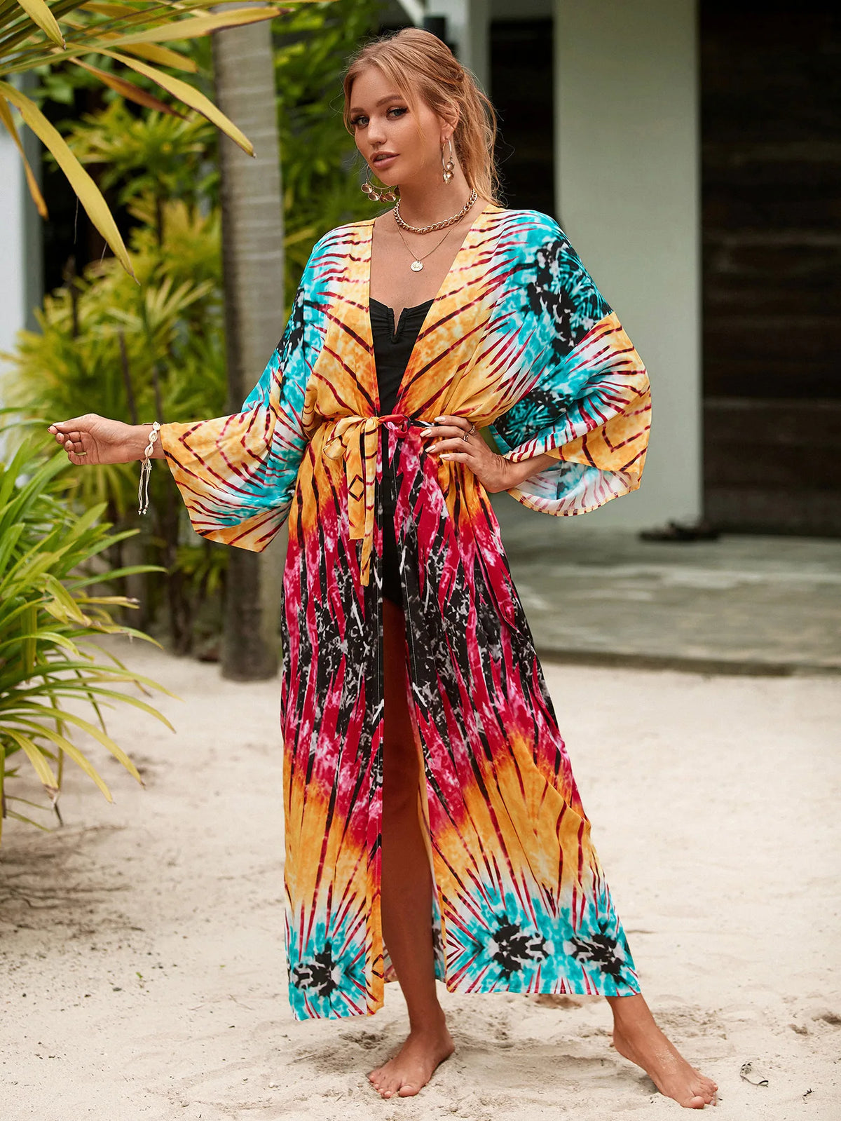Kimonos Swimsuit Summer Vacation Outfit for Women Beach Robe Long Pool Cover Up Colorful Dress for Swimwear - Matrix Studios