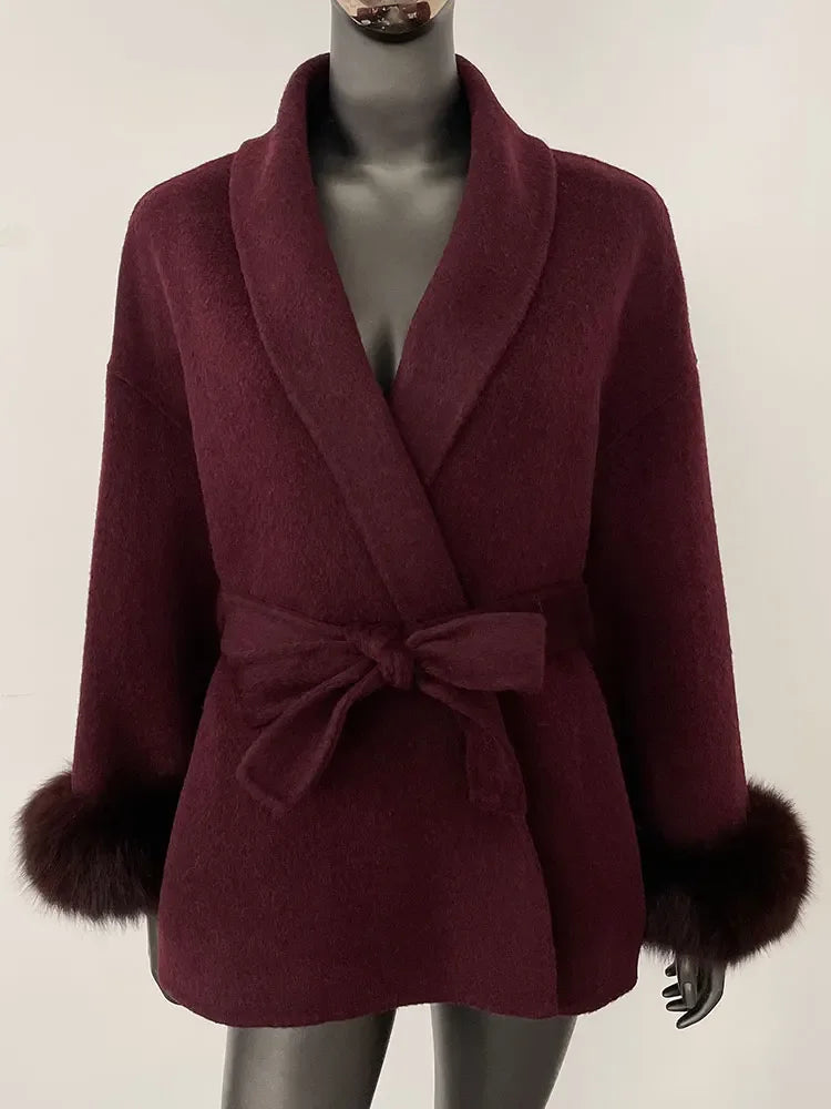 OFTBUY Oversize Loose Autumn Winter Women Coat Real Natural Fox Fur V-neck Woolen Blends Jacket Thick Warm Casual New Overwears - Matrix Studios
