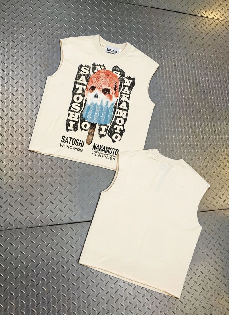 SATOSHI Vest Hip Hop Street Retro Washed Old Melted Popsicle Print Sleeveless Tshirts Men Women Cotton Round Neck Tank Tops - Matrix-studios.com