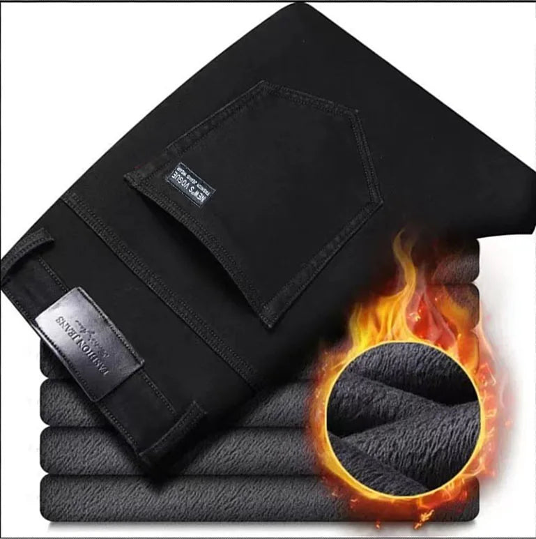 2025 New Winter Men Black Straight Stretch Denim Thick Velvet Pants Warm Jeans Casual Fleece Line Trousers Male Plus Size - Matrix Studios