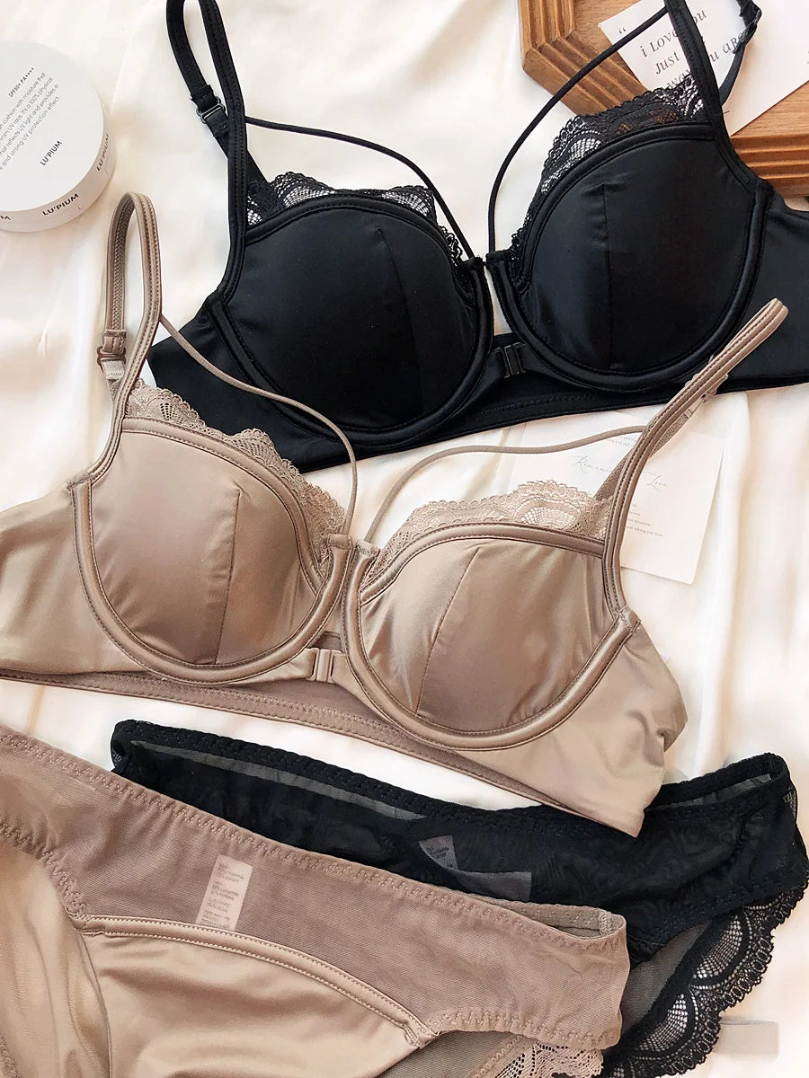Sexy Hollow Front Buckle Bra Women Underwear Set French Lace Thin Cup Bralette Comfort Gather Push Up Bra and Panties Lingerie - Matrix-studios.com