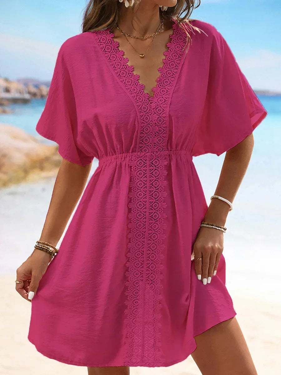 V Neck Lace Short Sleeve Tunic Beach Cover Up Cover-ups Beach Dress Beach Wear Beachwear Female Outfits Bathing kaftan for Women - Matrix Studios