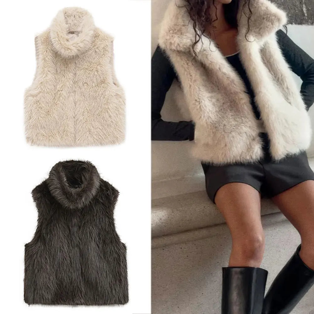 HH Women Elegant Solid Faux Fur Waistcoats Turtleneck Sleeveless Vest Coat Autumn Winter Fashion Hight Street Lady Outfit - Matrix Studios