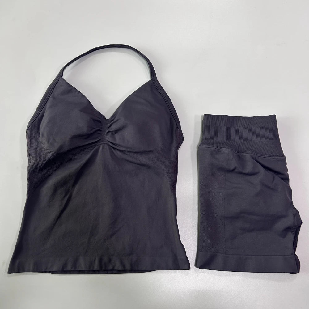 No Logo 2Pcs Gym Set Women Backless Tank Tops High Waist Scrunch Seamless Shorts Gym Suit Fitness Clothes Activewear Workout Set - Matrix-studios.com