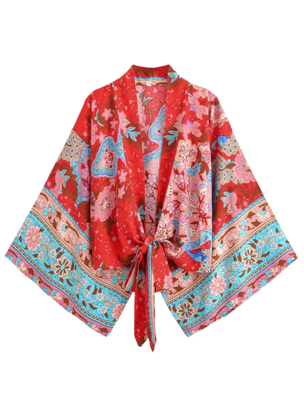 Vintage Peacock Floral Print Short Kimono Women Fashion Rayon Cotton Batwing Sleeves Ladies Beach Robe Bikini Boho Cover-ups - Matrix Studios