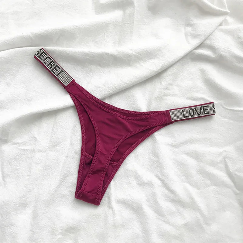 Low Waist Sexy Women Thongs Panties Rhinestones letter Diamonds G String Sports Thong Shorts Briefs T-back Fitness Size S-XL - Matrix Studios