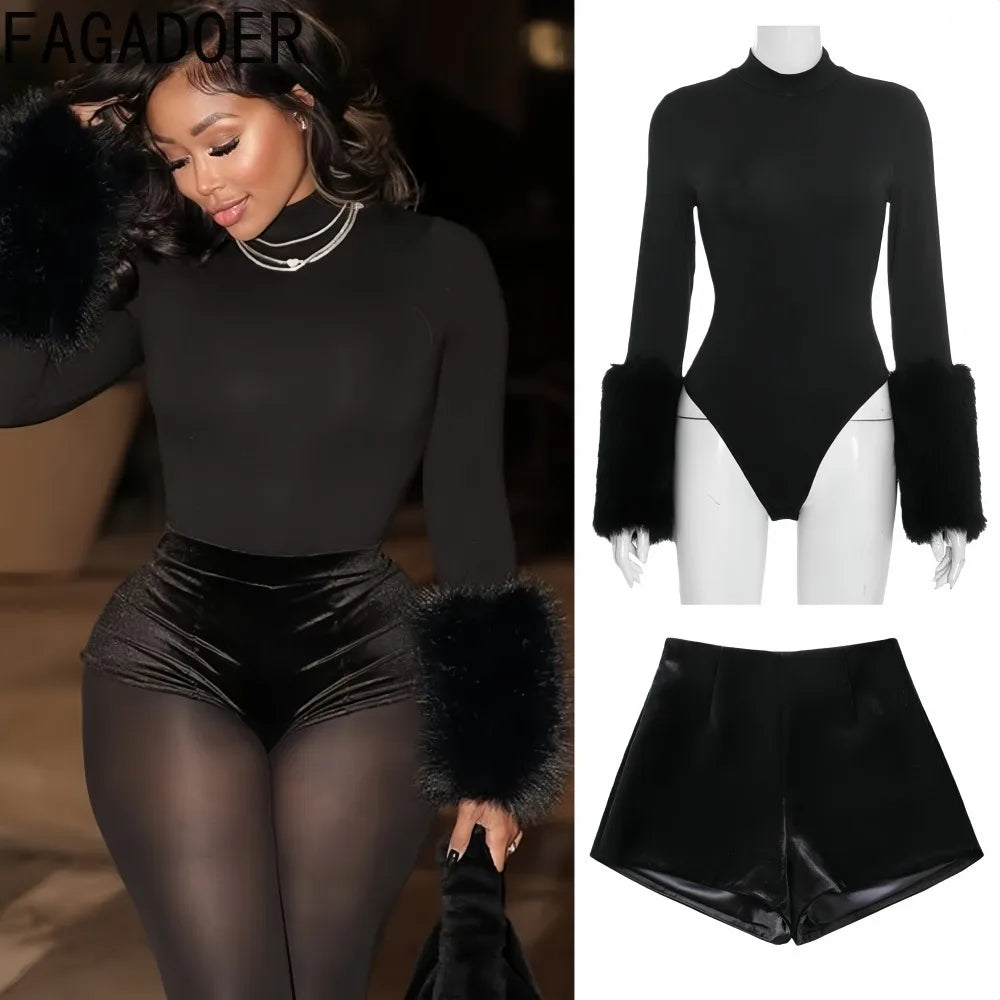 FAGADOER Winter New Sexy Fur Patchwork 2 Pieces Set for Woman Outfits Long Sleeves Bodycon Playsuits + Shorts Female Streetwear - Matrix-studios.com