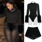 FAGADOER Winter New Sexy Fur Patchwork 2 Pieces Set for Woman Outfits Long Sleeves Bodycon Playsuits + Shorts Female Streetwear - Matrix-studios.com