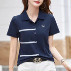New Women Summer Cotton Polo T-shirt Fashion Turn-down Collar Short Sleeve Contrast Color T-shirt Casual Simplicity Loose Tees - Matrix-studios.com