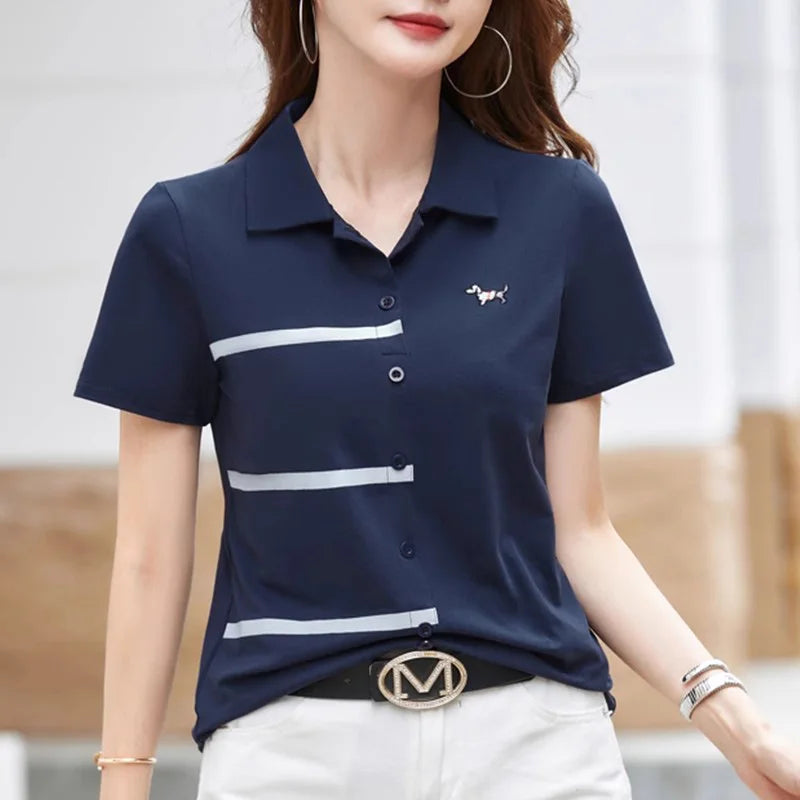 New Women Summer Cotton Polo T-shirt Fashion Turn-down Collar Short Sleeve Contrast Color T-shirt Casual Simplicity Loose Tees - Matrix-studios.com