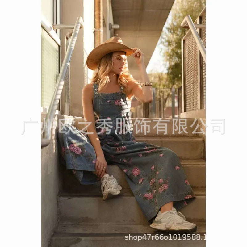 Denim Floral Print Trendy Sleeveless Jumpsuits for Women Rompers Festival Outfit Loose Overalls Pleated Pockets Long Pants - Matrix Studios