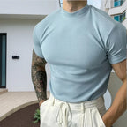 spring summer Elastic Comfortable Men's T-shirt Small high collar stripe shirt short sleeve fitness tops sports casual T-shirt - Matrix Studios