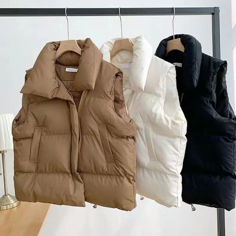 Autumn/winter Women Thickened Warm Vest Casual Sleeveless Solid Cotton-padded Parkas Keep Warm Hem Drawstring Vest Outerwear - Matrix Studios