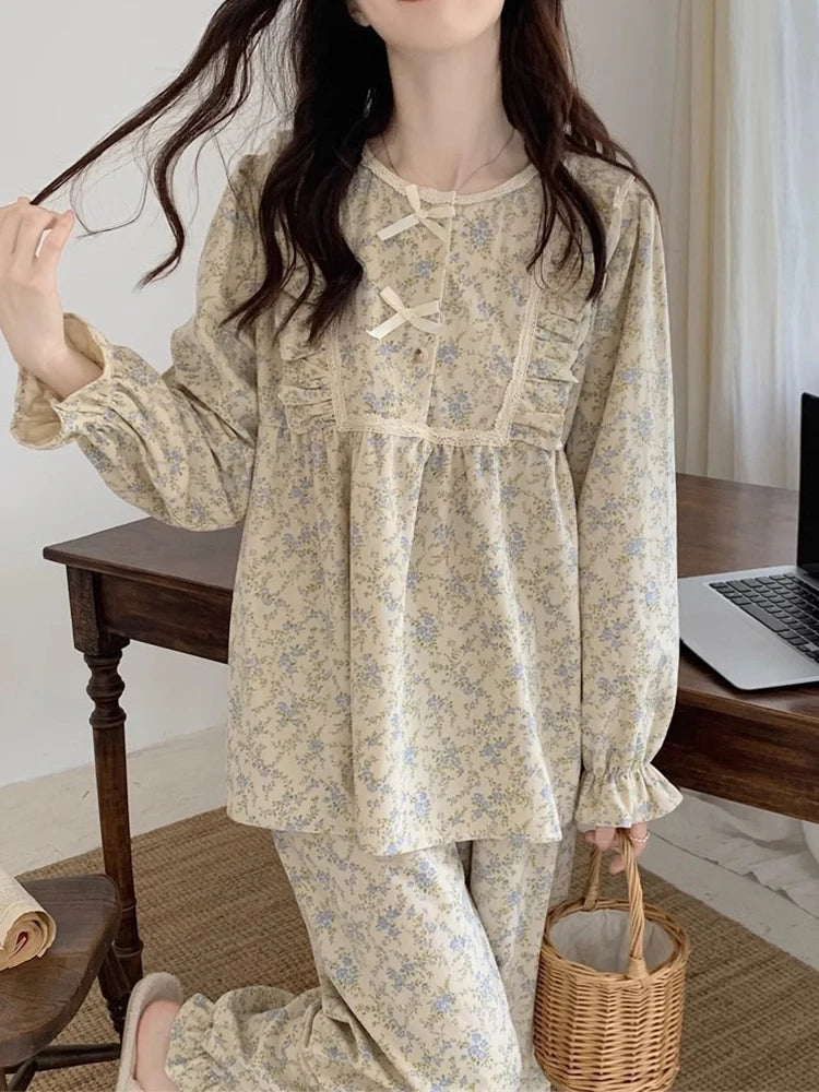 Four Seasons Can Wear Korean Style Floral Women's Pajamas Tops and Pants Summer Student Sleepwear Homewear Girl Sweet Nightwear - Matrix-studios.com