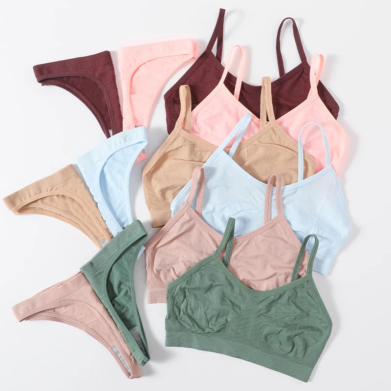 Women Seamless Bra And Panties Set Wire Free Bralette High Leg Cut Thongs Comfort Ribbed Unlined Underwear Sexy Lingerie Set - Matrix-studios.com