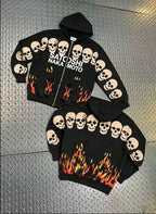 2XL Hiphop Street Distressed Washed Worn SATOSHI Zip-up Hoodie Flame Skeleton Vintage Faded Print Jacket Men Women Terry Outfit - Matrix-studios.com