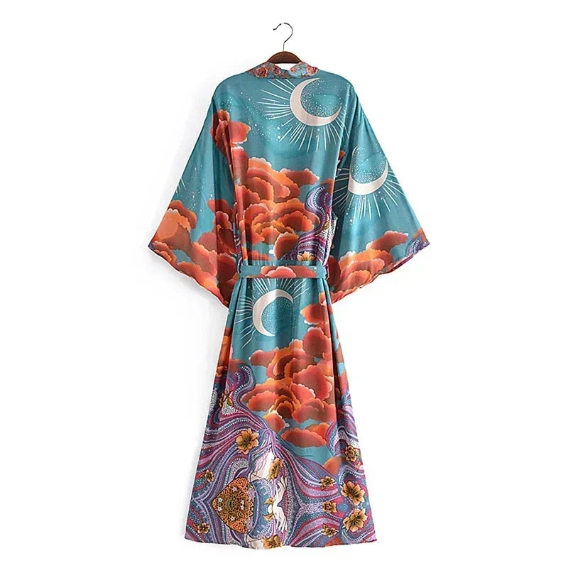 Boho Queens Women Star Floral Print Bat Sleeve Beach Bohemian Kimono Dresses Robe Ladies V Neck Summer Bikini Cover-up - Matrix Studios