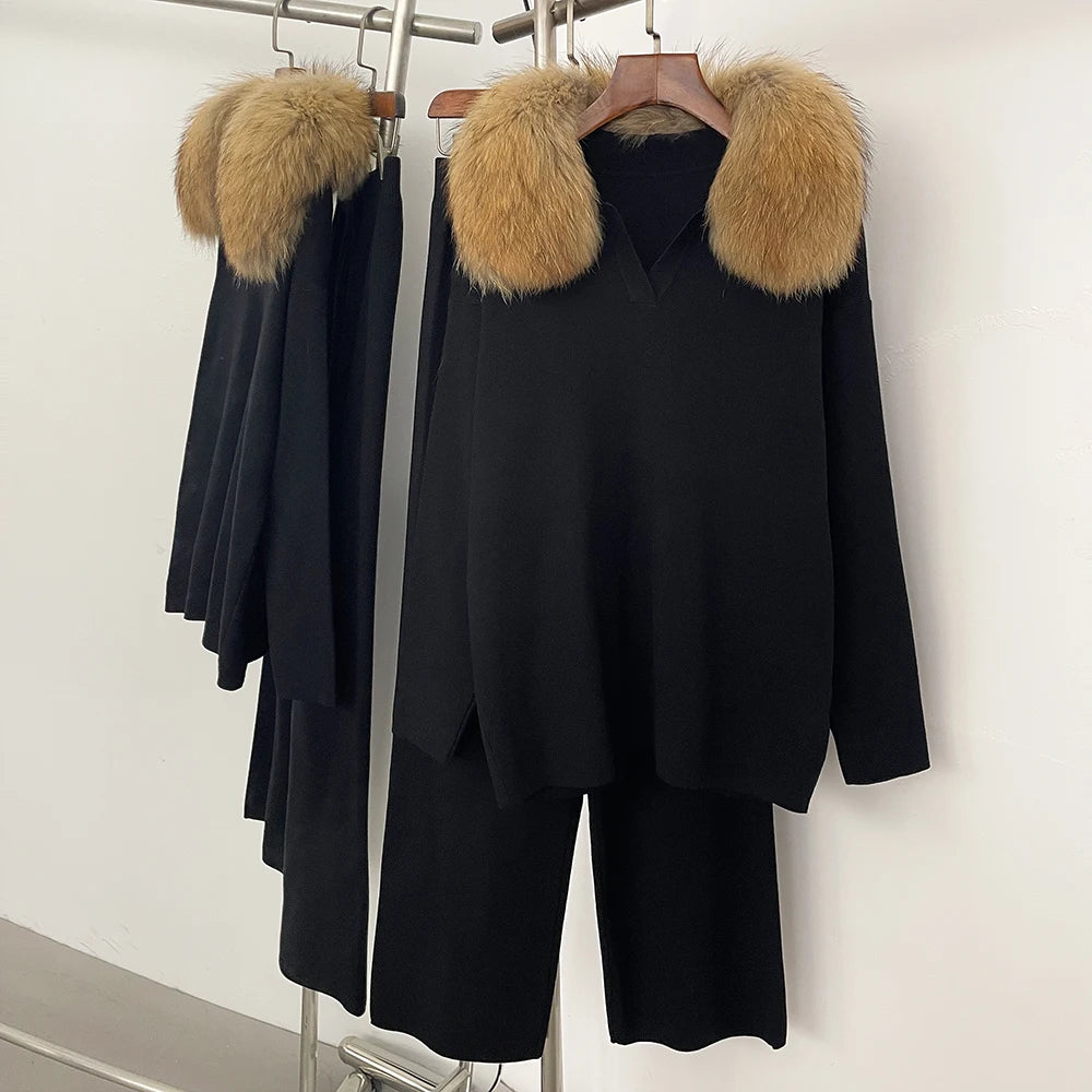 Reality Fur Jacket Pullover Set Woman Spring Knitted Suit Knitwear Female Real Fox Fur Collar Sweater Lady Autumn Knitted New - Matrix Studios