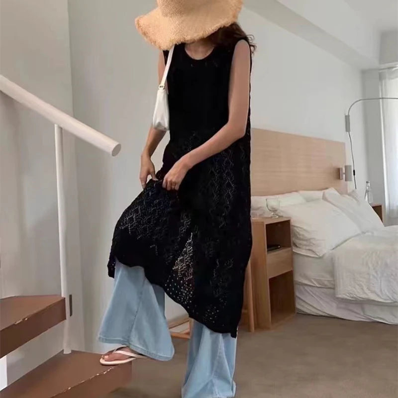 Summer vintage hollowed out knitted cardigan sleeveless lace sun protection cover Korean version elegant solid color outfit6863 - Matrix Studios
