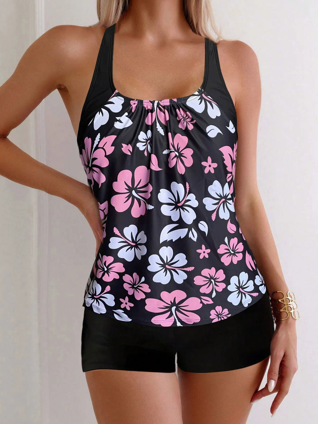 Printed Flower Tankini Set  Girl Swimwear Adjustable Strap Vest Bra Female Flower Shorts Bikini Drawstring Women Beach Set - Matrix-studios.com