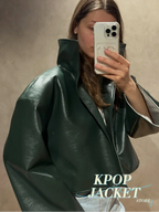 Women Cropped PU Leather Jacket Stand Collar Wide Flare Sleeve Asymmetrical Wrap Open Front Coat 2026 Autumn Chic Loose Jackets - Matrix Studios