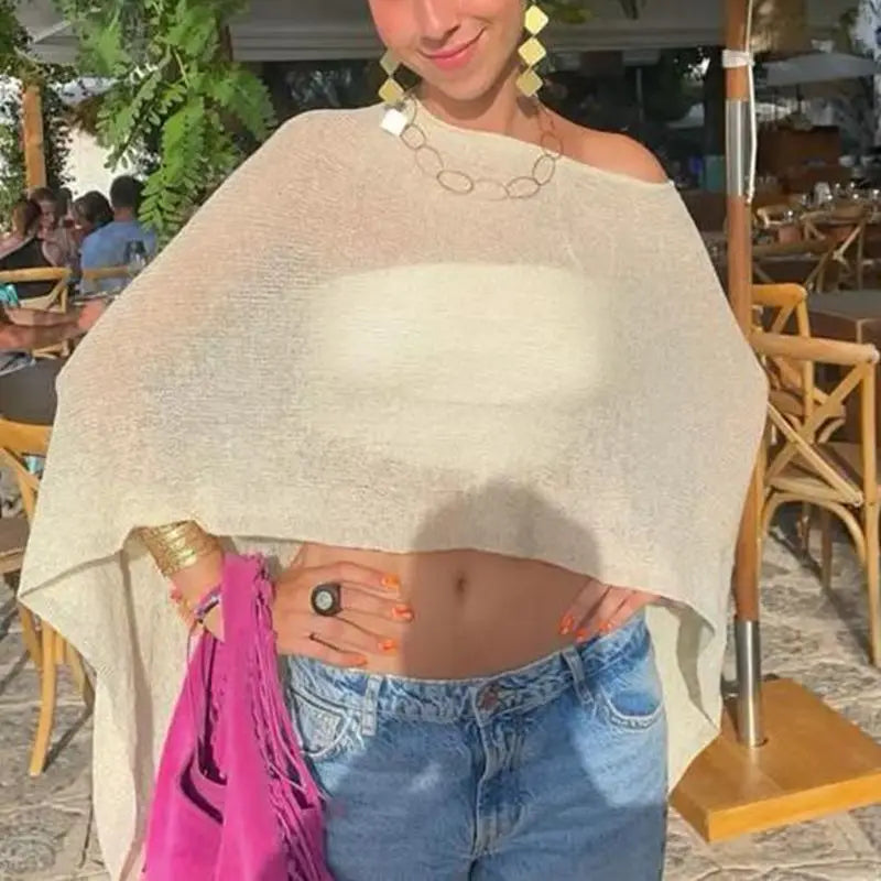 Combhasaki Women Knitwear Bikini Cover-up See-through Solid Off Shoulder Irregular Triangle Hem Loose Pullover Summer Beach Tops - Matrix Studios