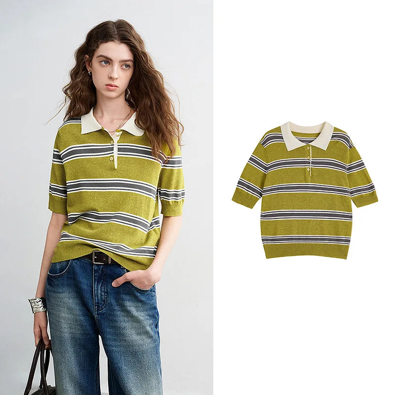 TOYOUTH Women Intellectual Striped Polo Shirt 2026 Spring New Lyocell Linen Breathable Comfort Knit Top - Matrix-studios.com