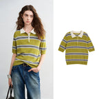 TOYOUTH Women Intellectual Striped Polo Shirt 2026 Spring New Lyocell Linen Breathable Comfort Knit Top - Matrix-studios.com