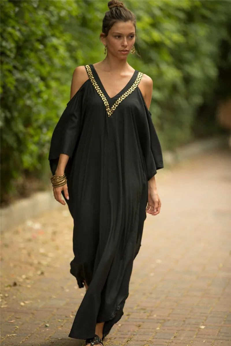 Kaftan Dresses Swimsuit Cover Up Maxi Dress Beach Wear Turkish Cold Shoulder Beach Outifits Summer Vacation - Matrix Studios