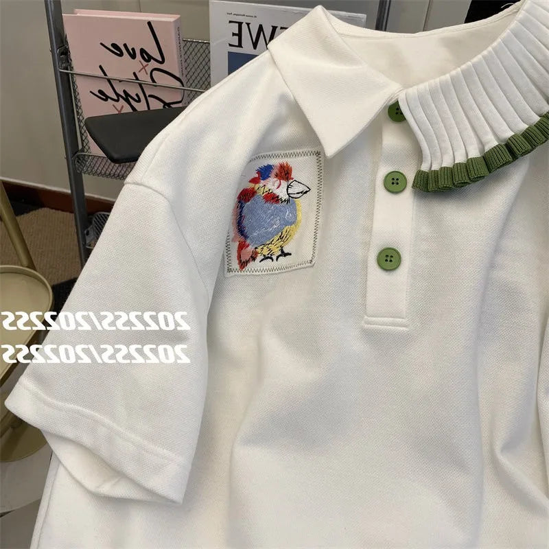 Oversized Tops Women Polo Collar T Shirt Summer Embroidered Luxury Designer Loose Short Sleeve T Shirt Women Clothes - Matrix-studios.com