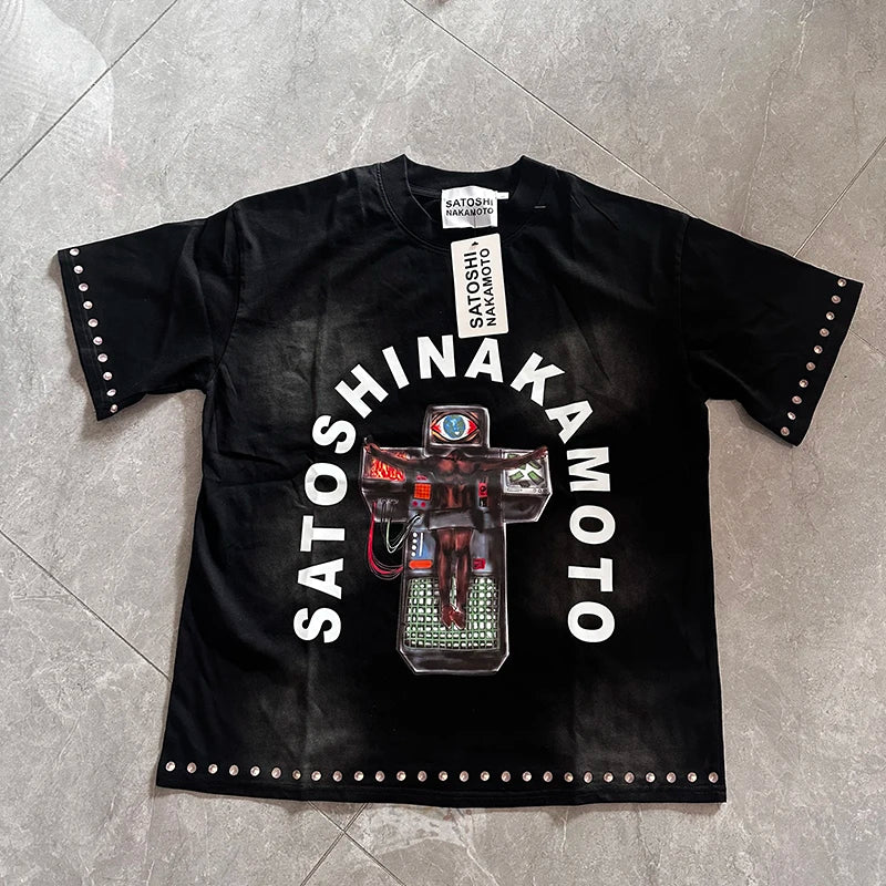 American Street Satoshi Mechanical Jesus Print t shirt Short Sleeve Washed Vintage Style Men's Tee Shirts Summer Trend Clothing - Matrix-studios.com
