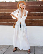 TEELYNN Sexy Deep V neck White Lace Dresses Women Robe Kimno Kaftan 2023 Vintage Summer Bikini Cover Up Boho Beach Wear Vestidos - Matrix Studios