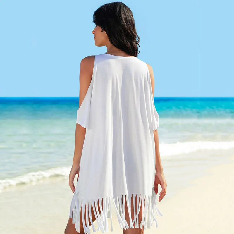 Summer Beach Bikini Cover Up Women White Off Shoulder Kafan Sarong Loose Tops Casual Fringed Shirt Swimwear Beachwear - Matrix Studios