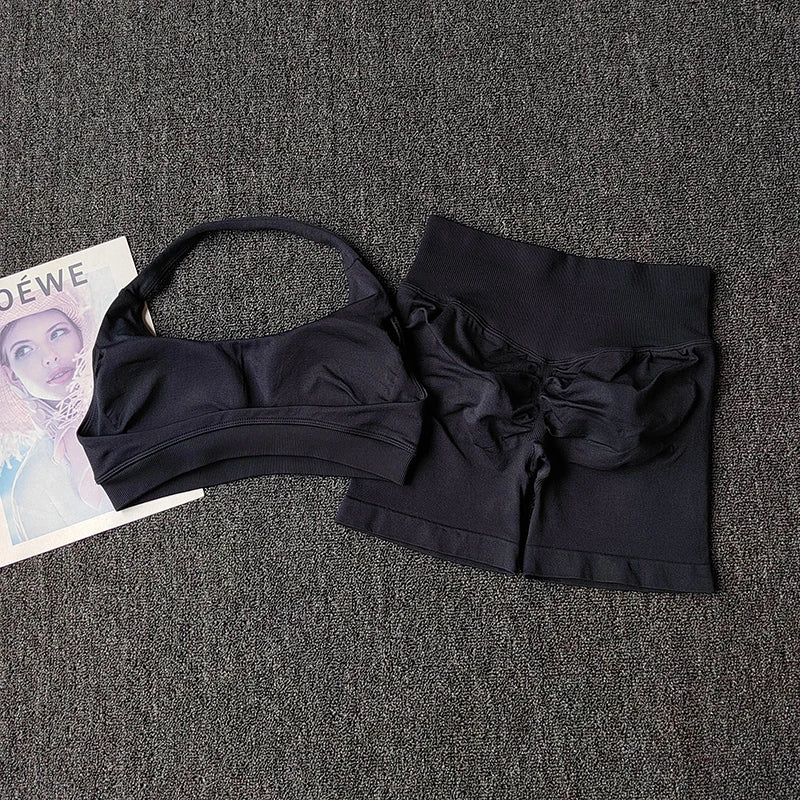 2PCs Peach High Waist Belly Hip Lifting Sports Bras Shorts Suit Gathering Shock-proof Neck Halter Yoga Suit Running Fitness Set - Matrix-studios.com