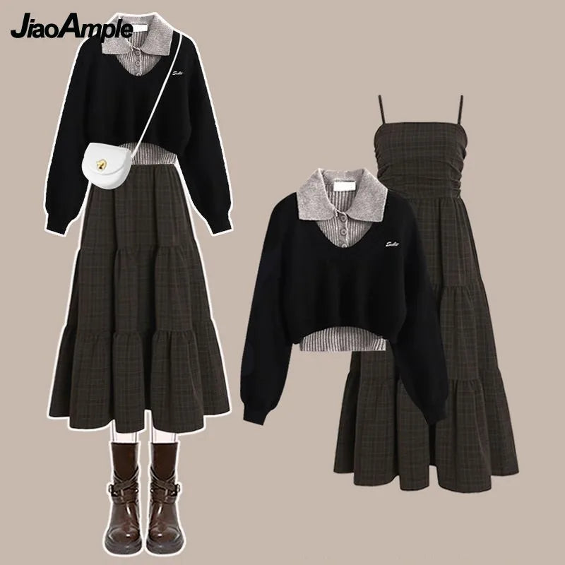 2026 Women's Spring Autumn New Knit Sweater+POLO Vest+Retro Plaid Strap Skirt 3-Piece Suit Lady Elegant Dress Matching Set - Matrix-studios.com