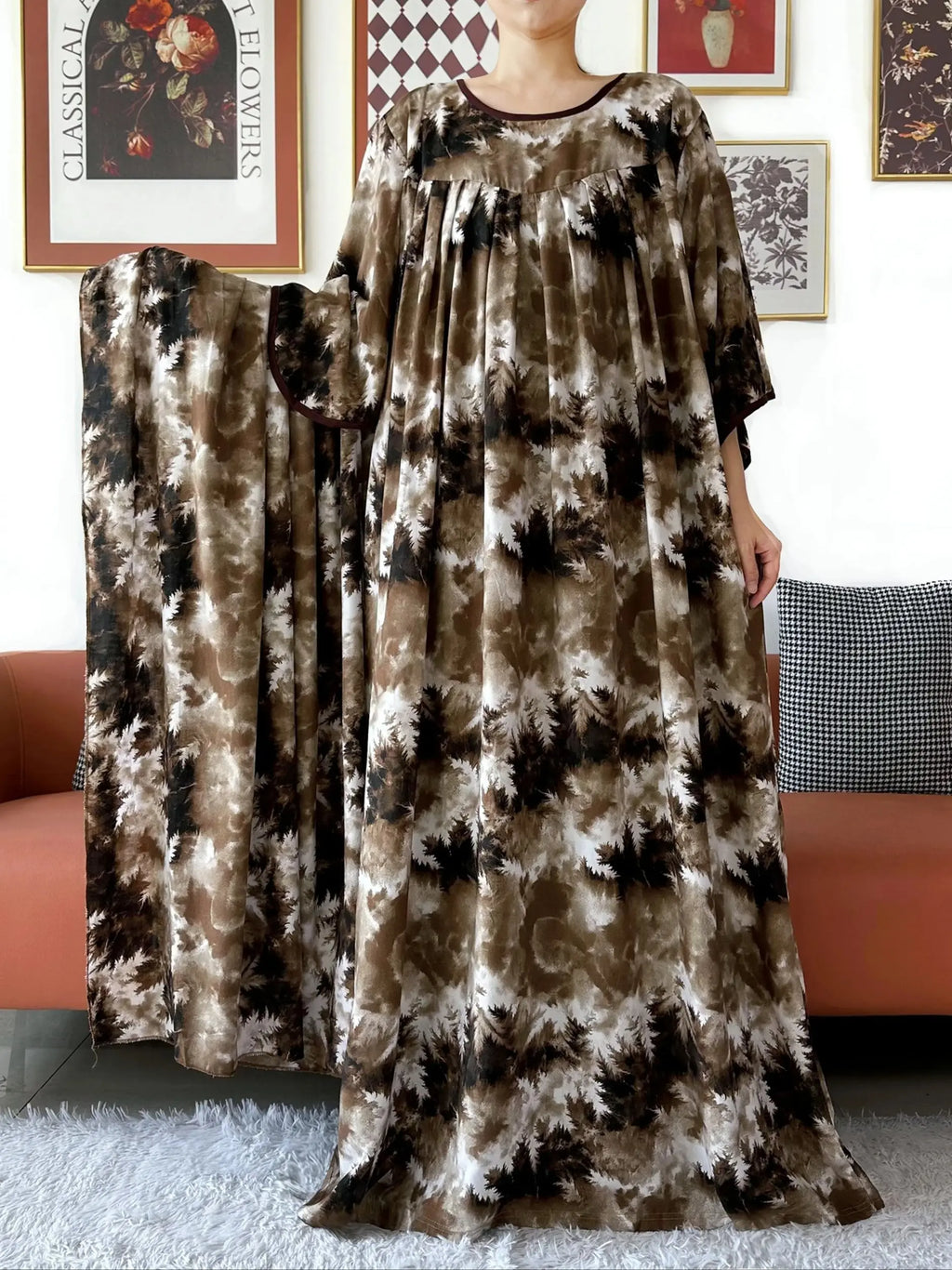 2025 New Loose Floral Dress Short Sleeve Cotton Women Abaya with Big Scarf Boho Maxi Dress Casual Fashion Dress African Vestidos - Matrix-studios.com