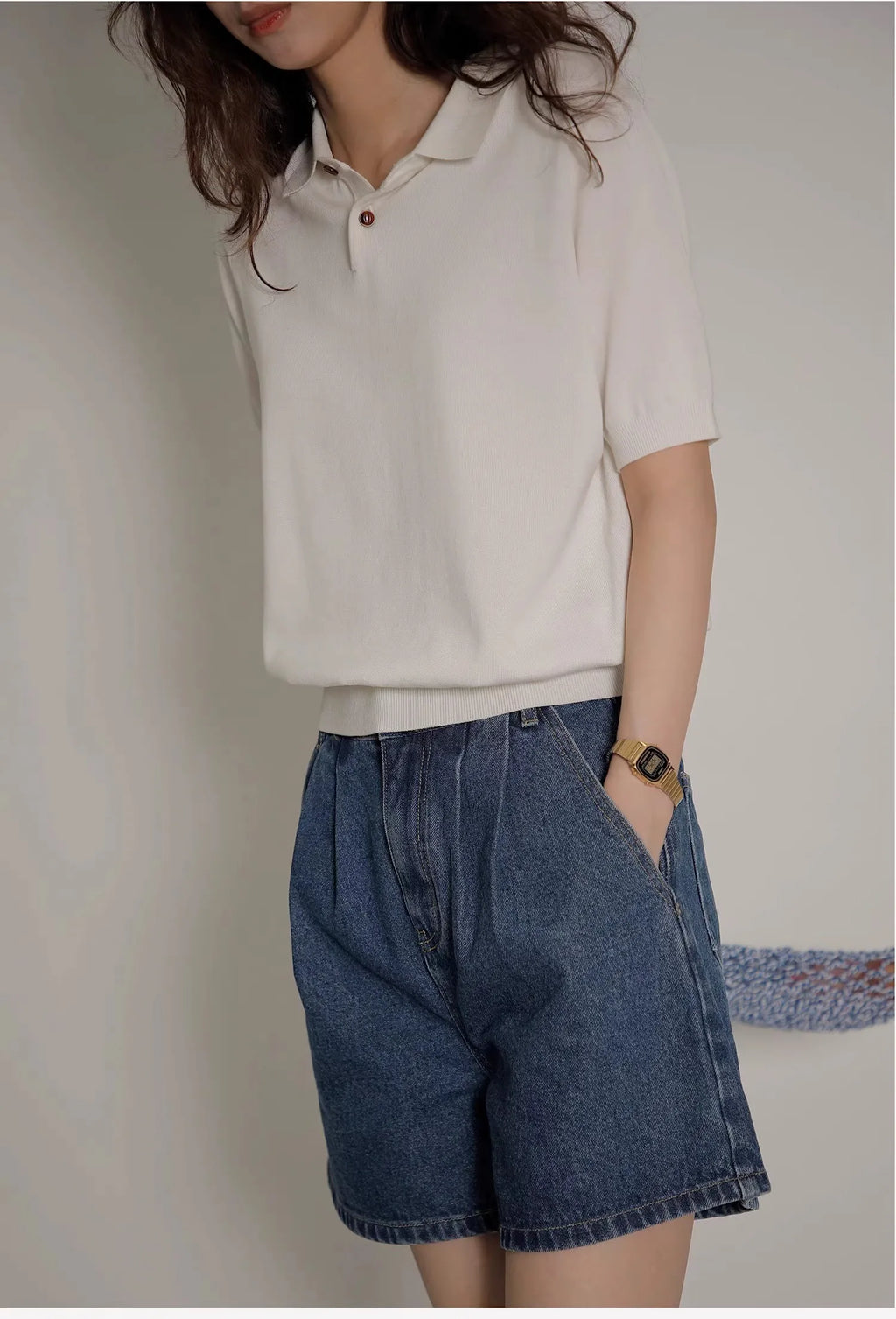 Women's Blue Ice Silk Knitted Polo Shirt Short Sleeve French Lapel Top Thin Summer High-Grade Shoulder T-Shirt - Matrix-studios.com