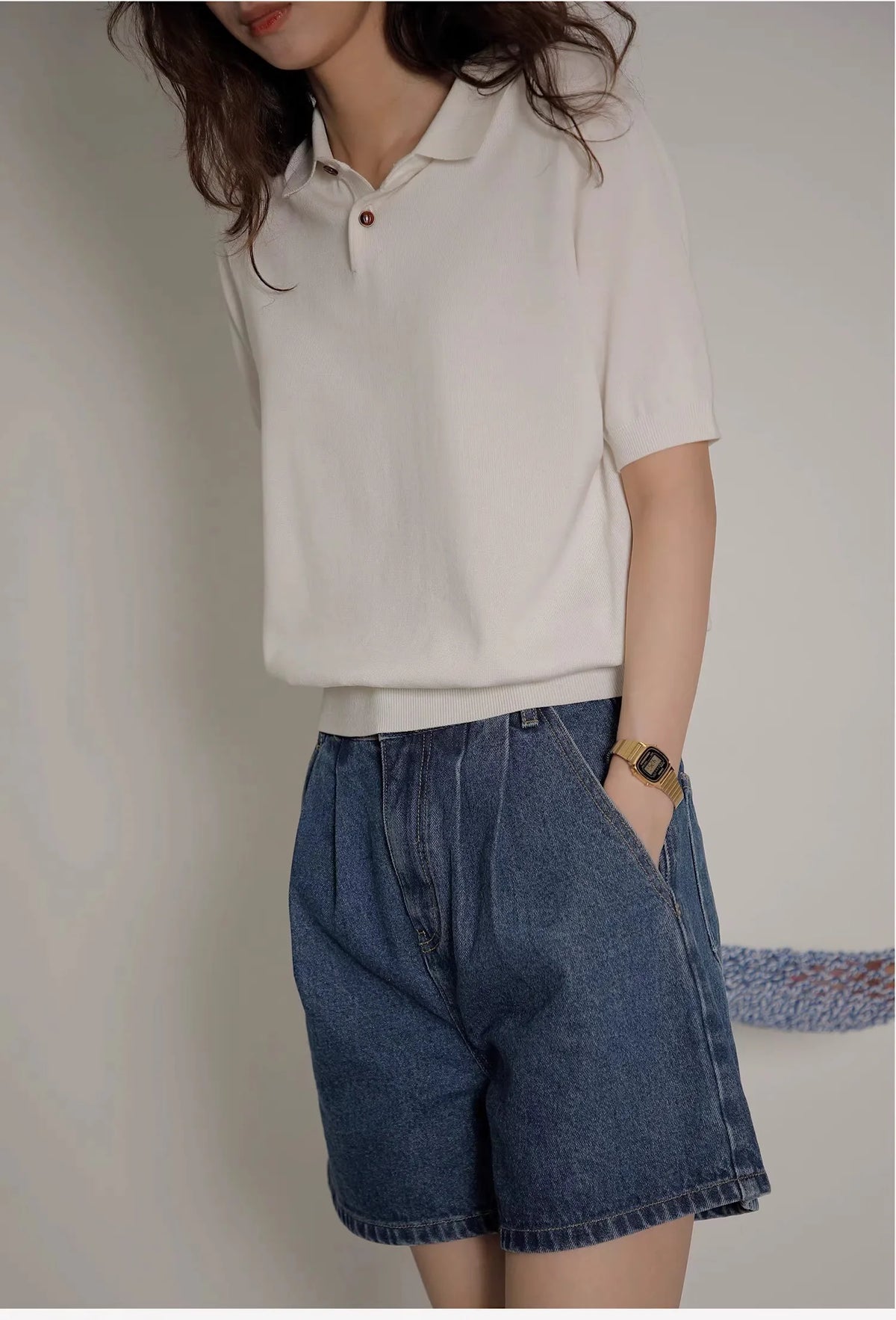 Women's Blue Ice Silk Knitted Polo Shirt Short Sleeve French Lapel Top Thin Summer High-Grade Shoulder T-Shirt - Matrix-studios.com