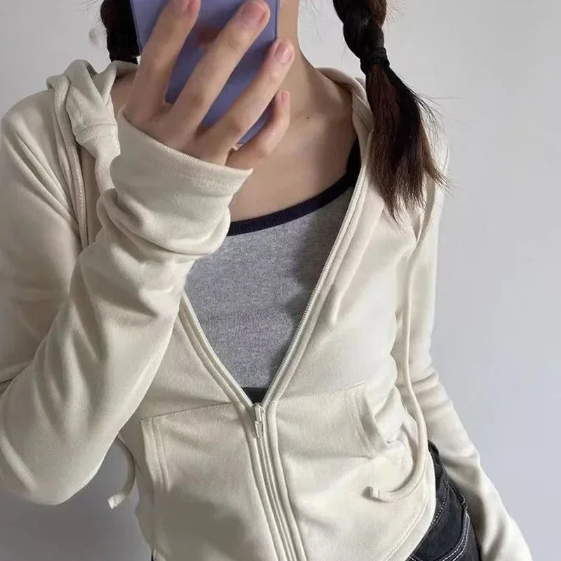 Lucyever Cropped Hooded Zip-Up Jacket Women Autumn New Slim Long Sleeve Y2K Sweatshirts Female Solid Streetwear Sports Hoodies - Matrix Studios