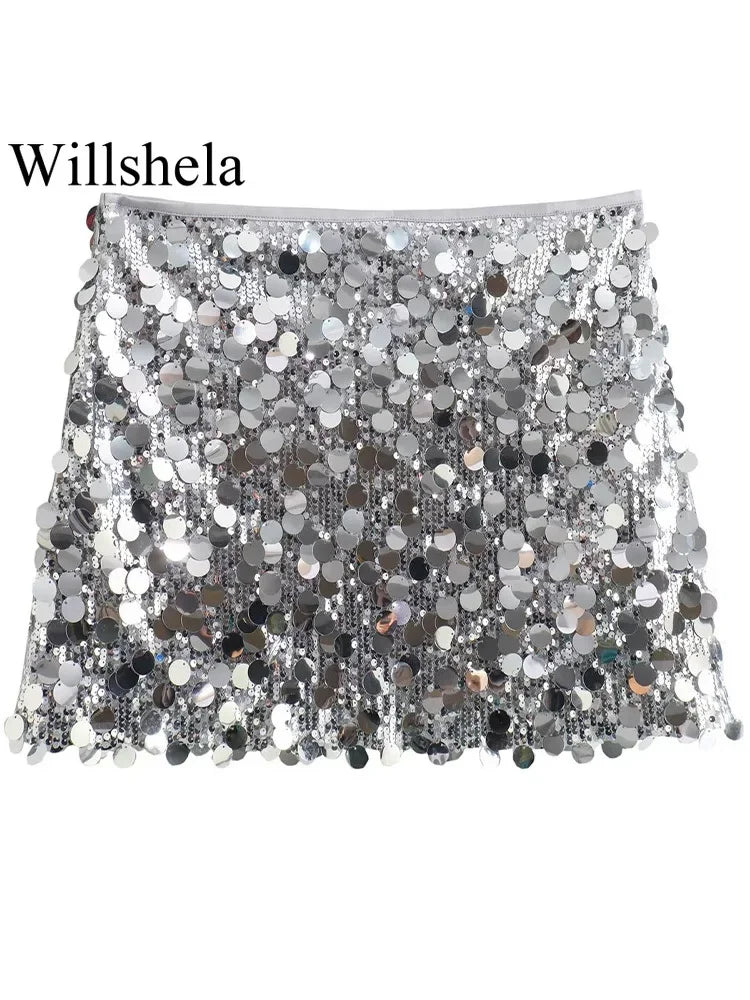 Willshela Women Fashion With Sequined Solid Side Zipper Mini Skirt Vintage High Waist Female Chic Lady Skirts - Matrix-studios.com