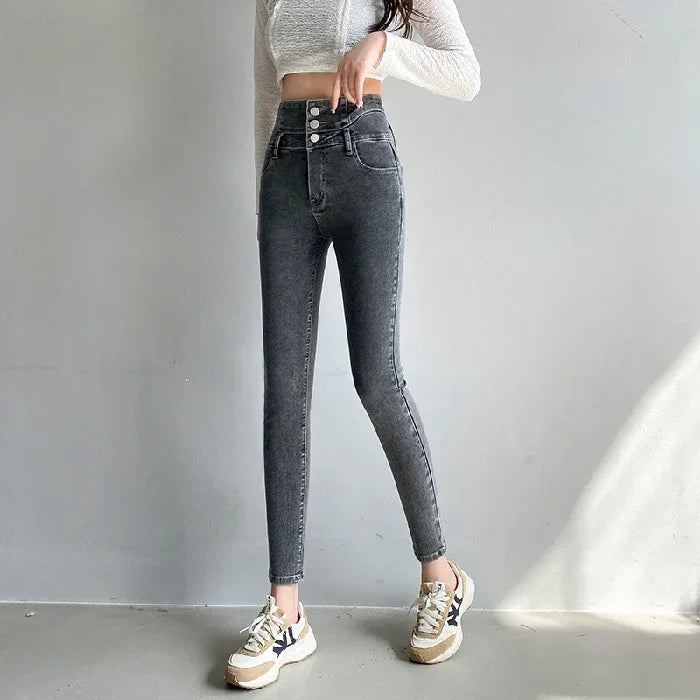 New Women's High Waist Stretch Jeans Blue Black Gray Fashionable and Versatile Multi-button Popular Slim Denim Long Pants Female - Matrix-studios.com