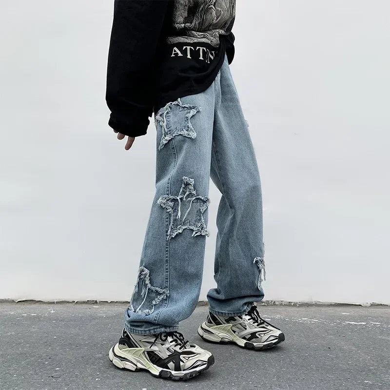 2025 New Fashion Stars Towel Embroidery Brown Men Jeans Pants Y2K Clothes Straight Hip Hop Cotton Trousers Pantalon Homme - Matrix Studios
